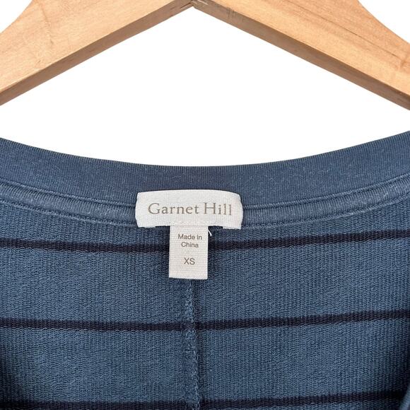 Garnet Hill Blue Black Striped Asymmetrical 3/4 Sleeve Shirt Sz XS - Picture 2 of 4